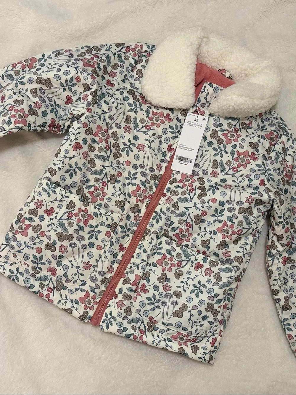 Carter's Floral Sherpa-Trim Puffer Jacket in Cream and Dusty Rose